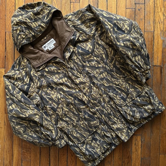 Vtg 1995 Columbia Delta Marsh Camo Hunting Jacket Omni-Tech Men L Brown Antlers